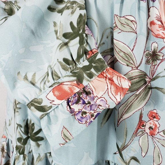 Nanette Lepore Aqua Floral LS Tie Neck Aqua Tiered Dress, 8 - Picture 7 of 12